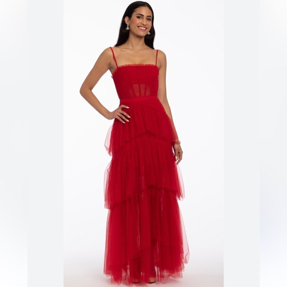Betsy & Adam Long Corset Mesh Gown NWT